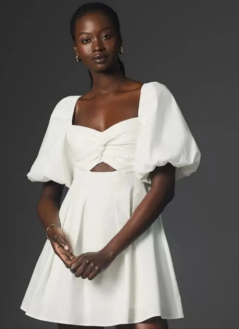 Anthropologie Moon River White Puff-Sleeve Twist-Front Babydoll Dress